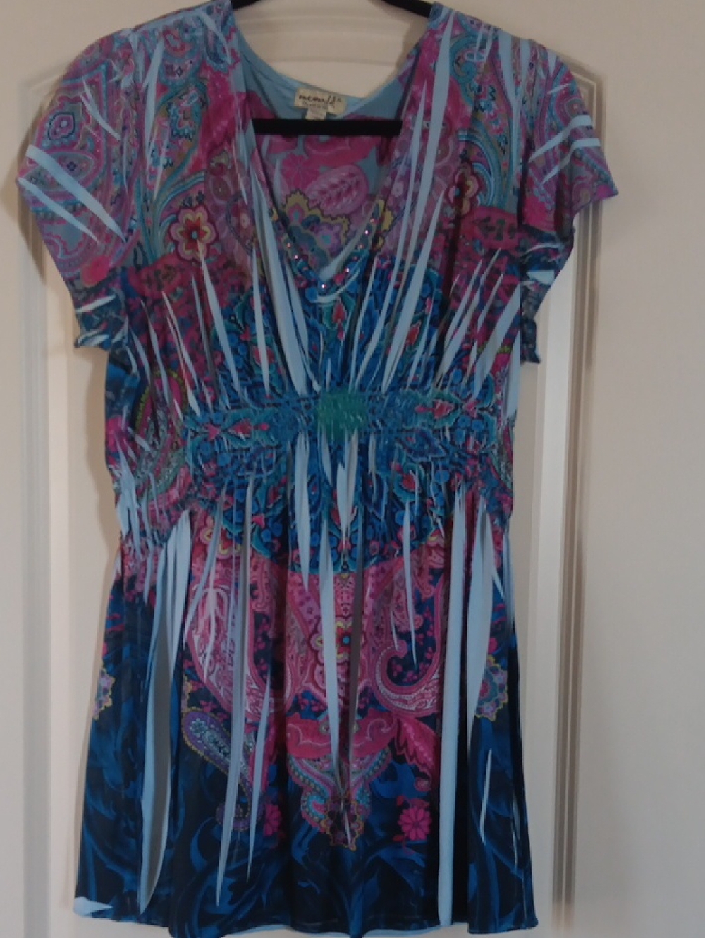 One World Blue and Pink Paisley V-Neck Smocked Waist Tunic